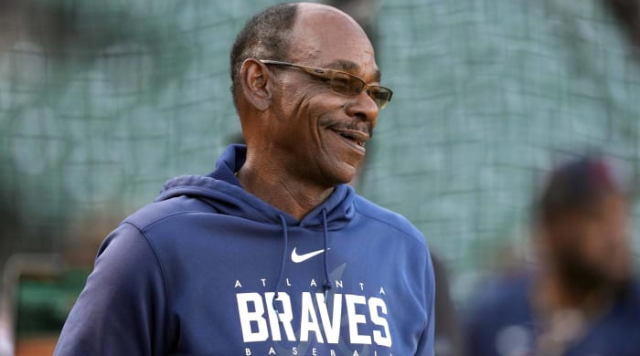 Braves third base coach Ron Washington looks on before a game.